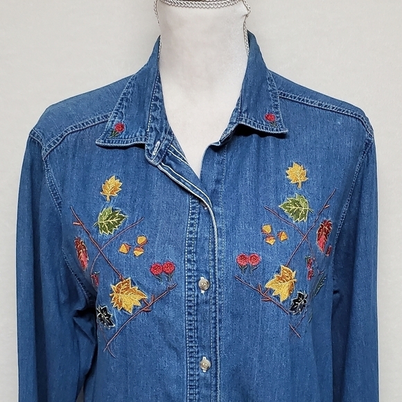 VINTAGE 1990s Bobbie Brooks Boho Fall Leaf Embroidered Button Up Chambray Shirt - Picture 3 of 14
